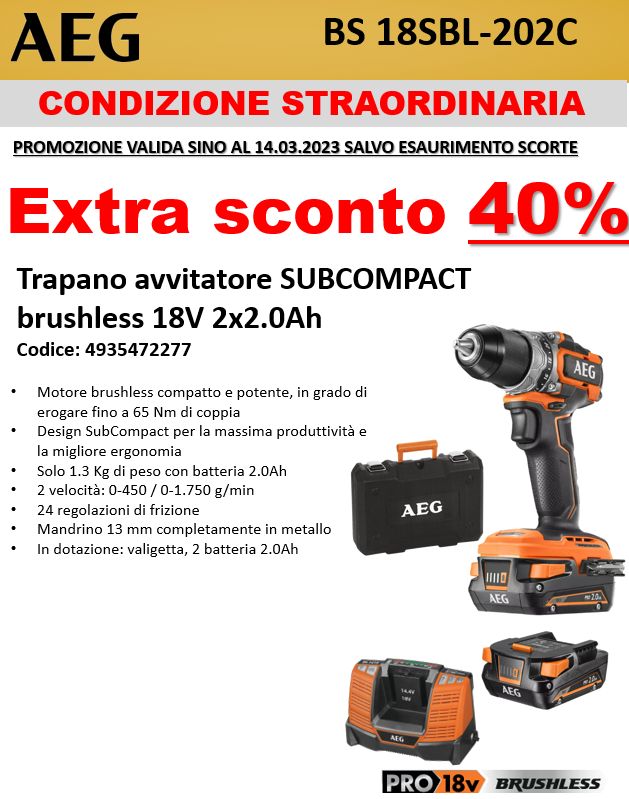 AEG - Trapano avvitatore SUBCOMPACT 18 Volt BRUSHLESS, 65 Nm, consegnato in valigetta con 2 batterie da 2,0 Ah e caricatore - BS18SBL-202C